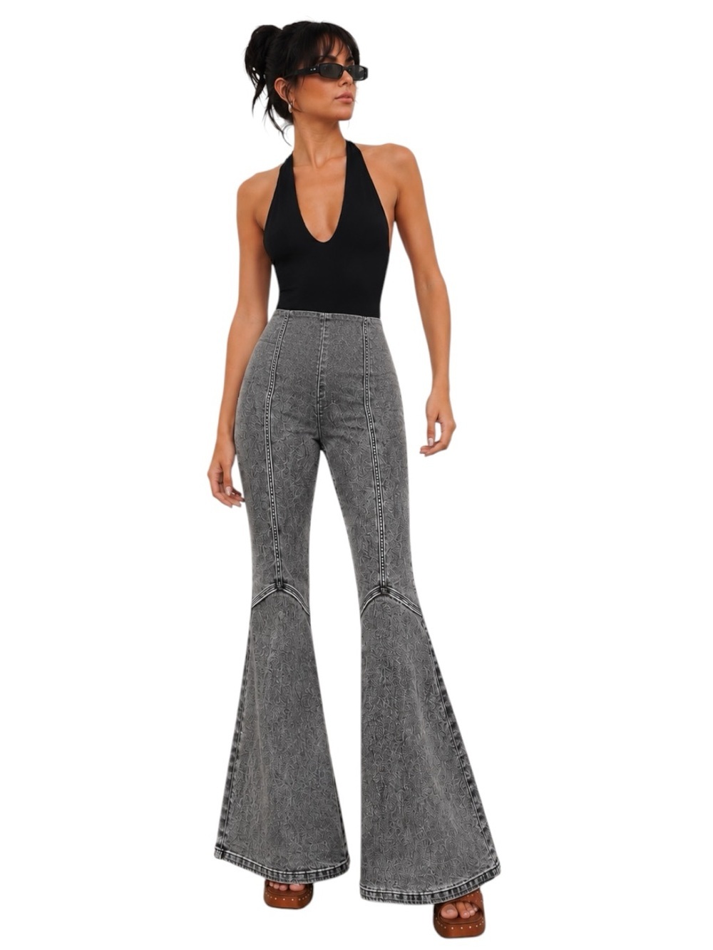 Y2K Gray Mineral Wash Super Flare Jeans | Hi Rise Dramatic Bell Bottom Festival